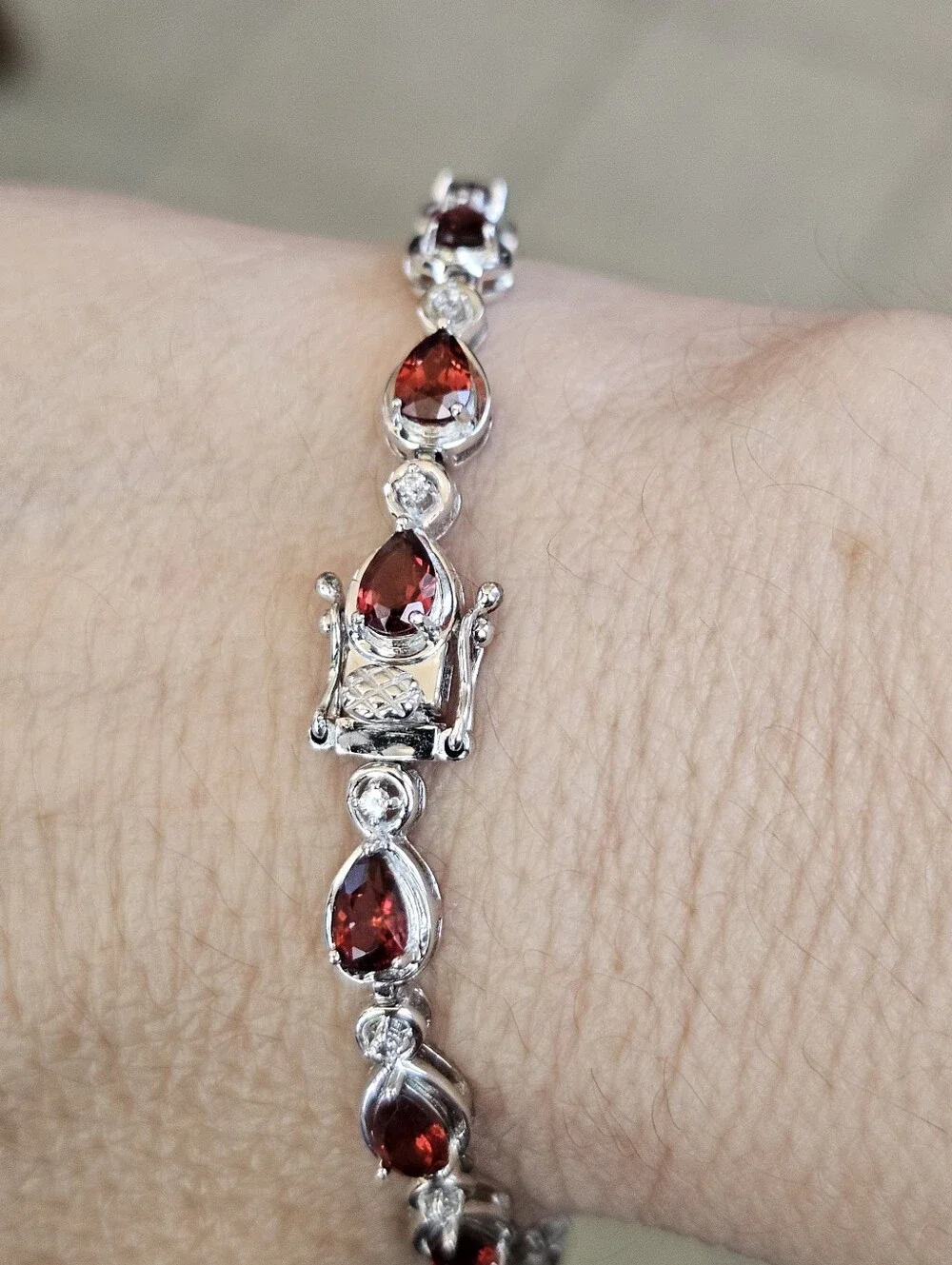 Genuine Garnet & White Zircon Tennis Bracelet Sterling Silver Rhodium 7